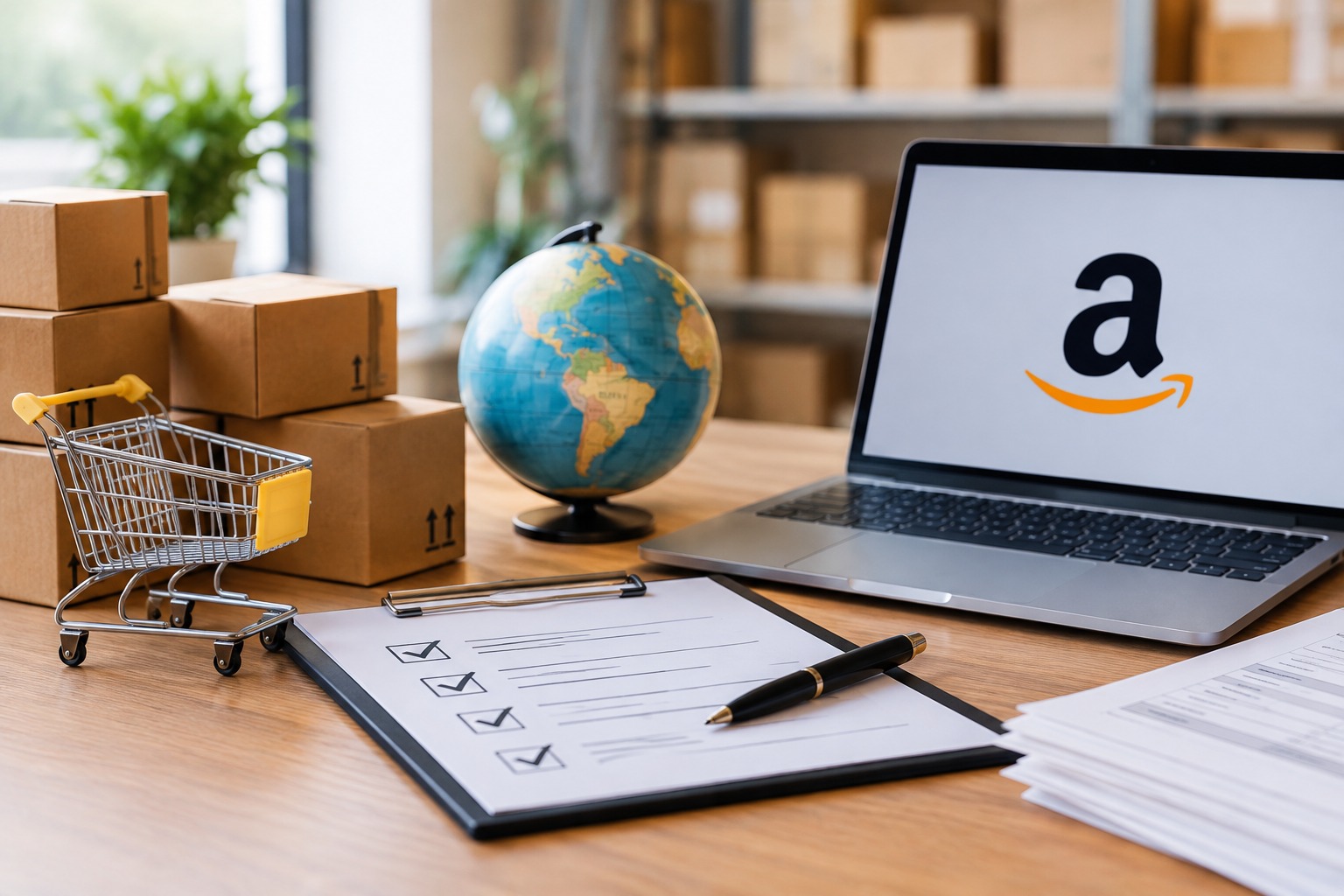 Amazon wholesale suppliers with shipping boxes, shopping cart, globe, and laptop